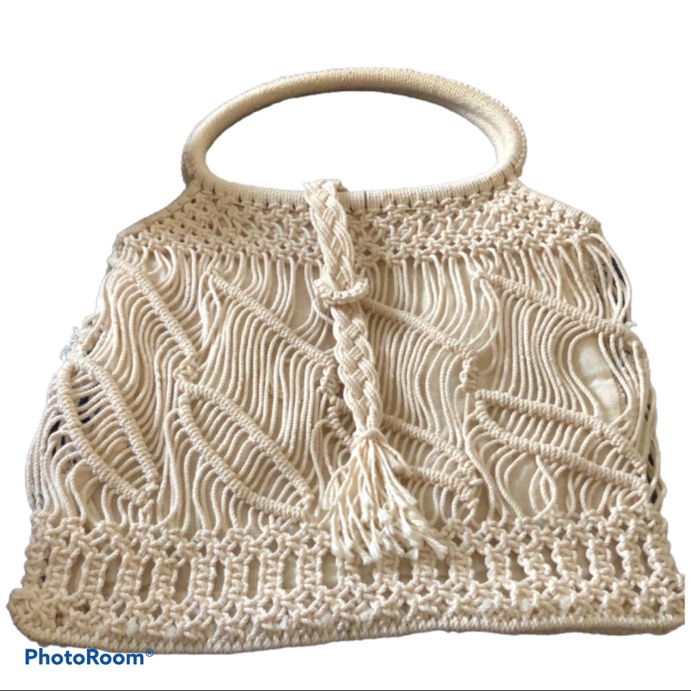 Vintage Boho Linen and Macrame Purse